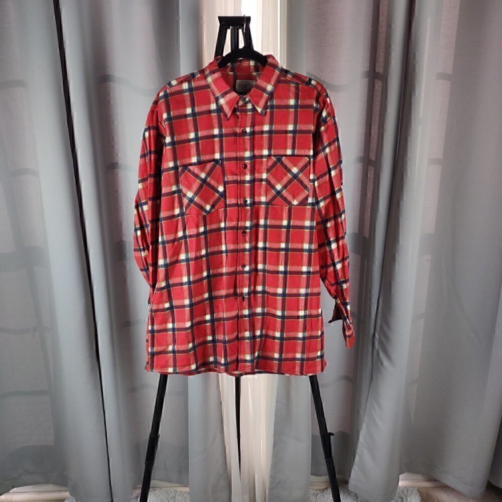 Saugatuck Mens 100% Cotton Red Long Sleeve Plaid Flannel Button Up Shirt Size XL